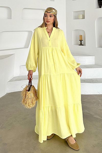 Olcay Faulenzerärmelung Knopfleiste Musselin Shabby Kleid GELB 9330-E