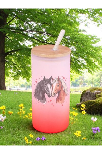 lili hediyelik Hearted Horses Printed Glass Straw Water Bottle Flask 600 ml