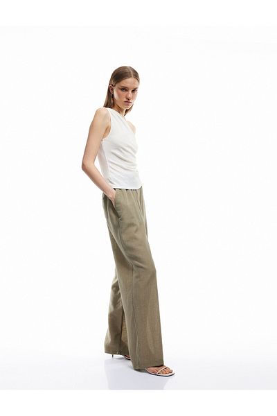 Koton Linen Blend Wide Leg Pants with Lace-Up Pockets at the Waist