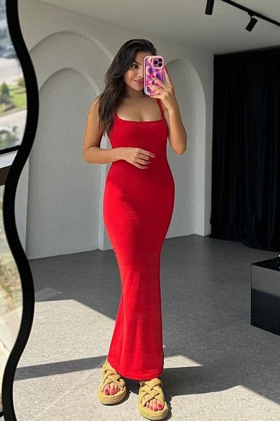My Blog Red Long Strap Stretch Dress