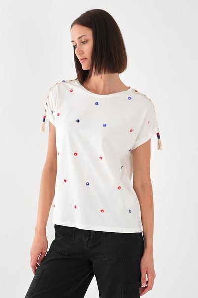 ALEXANDERGARDI Floral Patterned Women's T-Shirt with Shoulder Detail