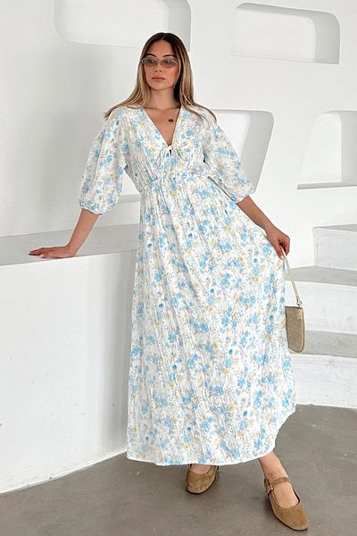 Olcay Rochie de muselină florală cu decolteu în V cu talie adunată ALBASTRU 9357-E