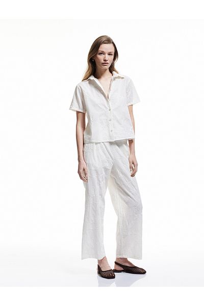 Koton Lined Cotton High Waist Straight Wide Leg Floral Embroidered Brode Pant