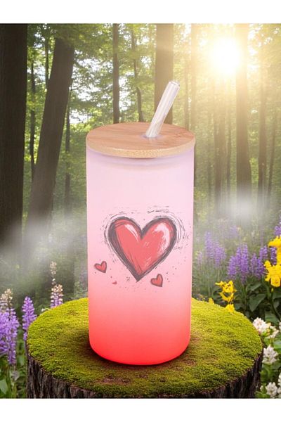 lili hediyelik Heart Printed Glass Water Bottle with Straw 600 ml