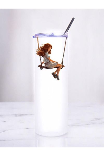lili hediyelik Girl on the Swing Printed Steel Thermos with Straw 600 ml