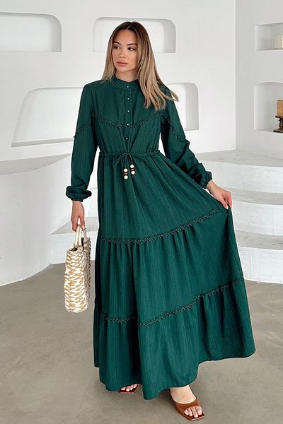 Olcay Rochie cu aspect de in, cu detaliu festonat, cu talie adunata VERDE 9235-E