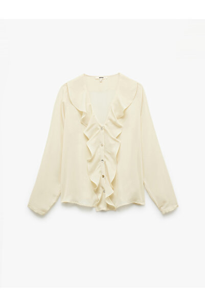 Koton Crepe Fabric Long Sleeve V Neck Volume Ruffle Shirt