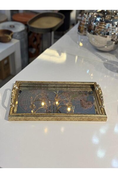 ÇIRPAN EV ALTIN ESKİTME HARİTA DESEN DİKDÖRTGEN TEPSİ 45X30CM