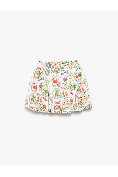 Koton Pleated Fruit Patterned Bow Cotton Skirt