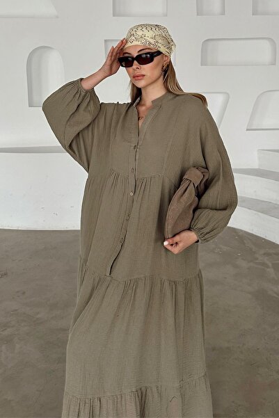 Olcay Bat Sleeve Button Detailed Muslin Casual Dress Khaki 9330-E