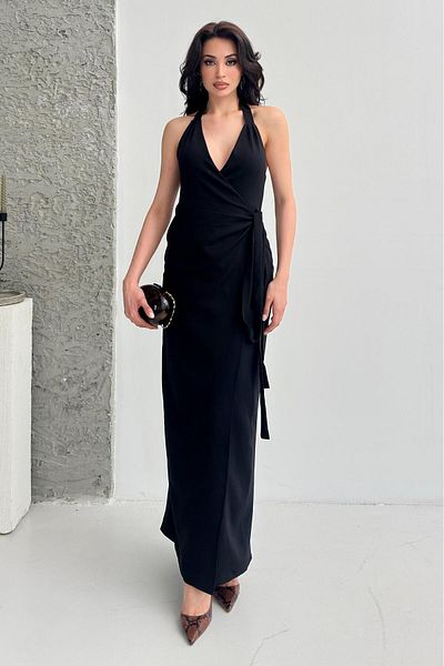 Serica Moda Black V Neck Halter Slit Dress
