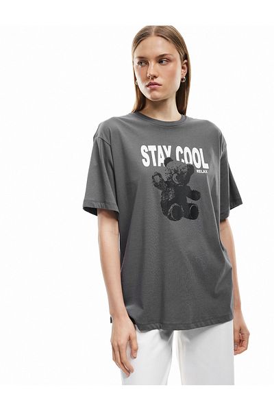 Koton Cotton Short Sleeve Crew Neck Teddy Bear Printed T-Shirt