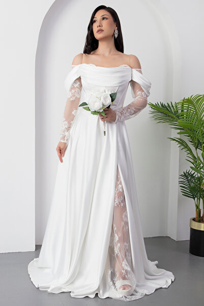 PULLIMM Heart Collar Lace Detail Atlas Dress Ecr5561