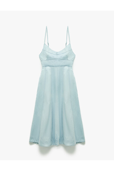 Koton V Yaka İp Askılı Volanlı Dikiş Detaylı Midi Denim Elbise