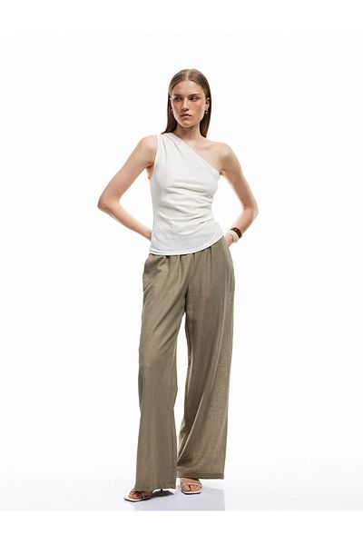 Koton Linen Blend Wide Leg Pants with Lace-Up Pockets at the Waist