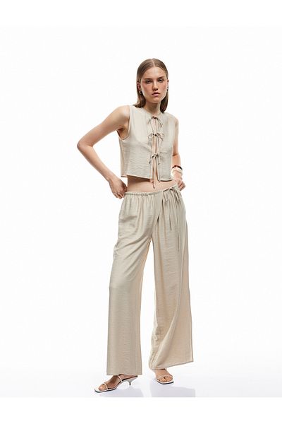 Koton Viscose Fabric Comfortable Fit Slit Detailed Double Breasted Oversize Trousers with Laced Waist and Pockets