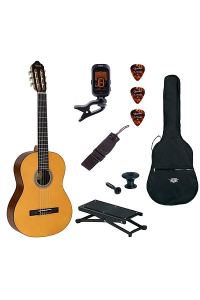 VALENCIA VC203 Set, 3/4 natural classical guitar, case, tuner, footrest, strap, butt button, 3 picks