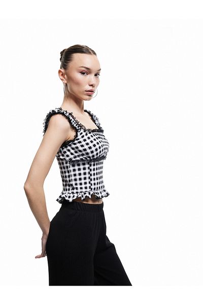 Koton Lace Detailed Gingham Square Neck Sleeveless Ruffled Wrap Crop Blouse