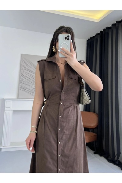 solena sln Kadın Zra Model Lüx Kalite Ham Keten Beli Kemerli Midi Elbise Kahve