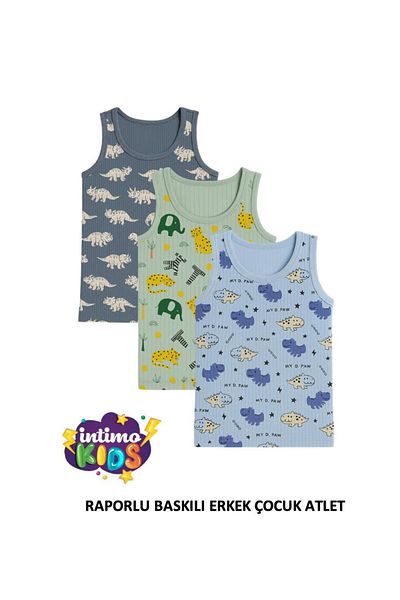 NURDAĞI 3-Piece Boy's Undershirt Set – Cotton, Patterned, Printed with Reports (Rocket, Dinosaur, Shark Themed)