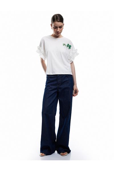 Koton Cotton Beaded Palm Applique Detail Crew Neck Short Sleeve Ruffle T-Shirt