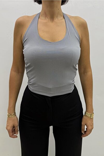 Flame İstanbul Butik بلوزة رمادية ساندي بفتحة رقبة - DIS4697