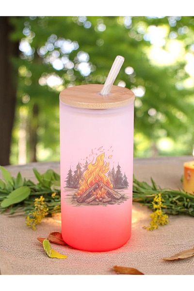 lili hediyelik Campfire Printed Glass Water Bottle with Straw 600 ml