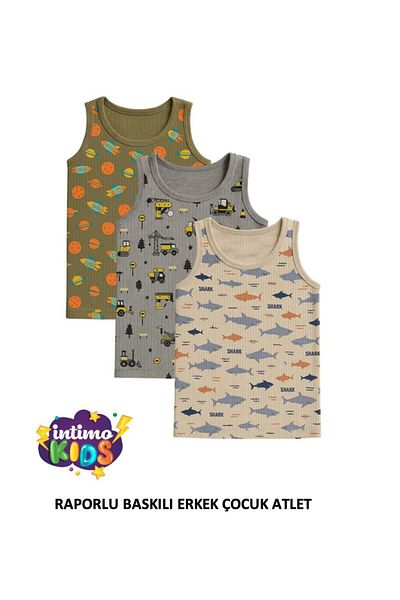 NURDAĞI 3-Piece Boy's Undershirt Set – Cotton, Patterned, Printed with Reports (Rocket, Dinosaur, Shark Themed)