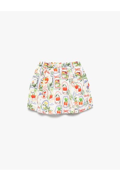 Koton Pleated Fruit Patterned Bow Cotton Skirt