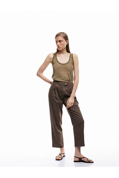 Koton Buttoned Linen Trousers with Pockets and Pleat Detail