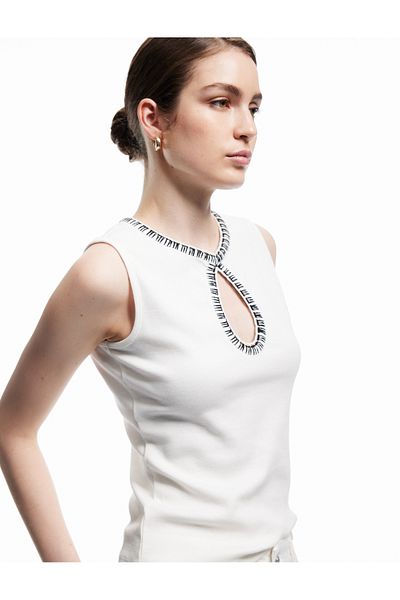 Koton Cotton Slim Fit Color Contrast Window Detail Crochet Detail Sleeveless T-Shirt