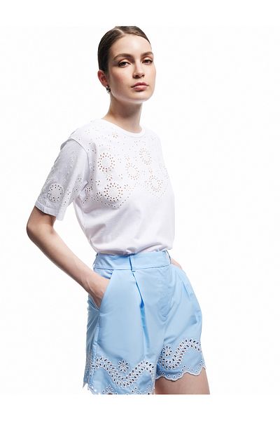 Koton Cotton Short Sleeve Crew Neck Scalloped Embroidered T-Shirt