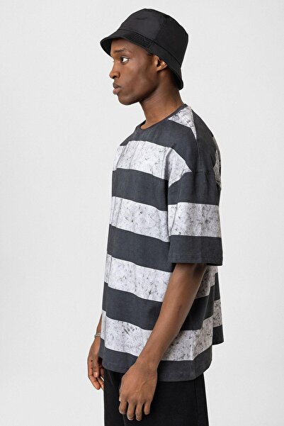 VAMOSCLO oversized T-Shirt με λεπτή ρίγα που πλένεται - Γκρι - Λευκό