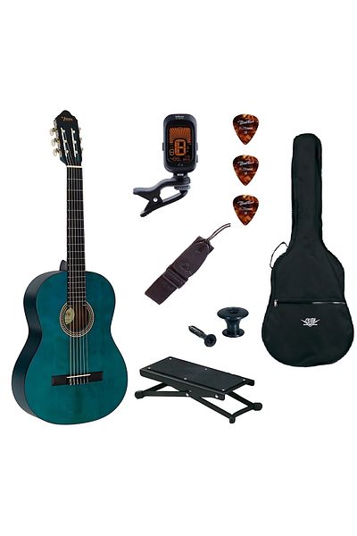 VALENCIA VC203TBU set, 3/4 blue classical guitar, case, tuner, footrest, strap, butt button, 3 picks