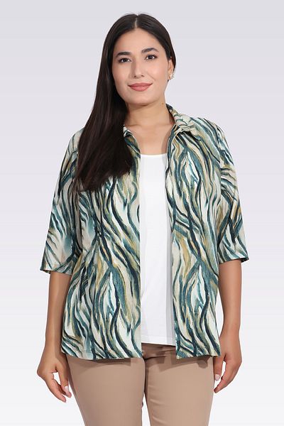 TOLGA SARAÇOĞLU 11029 Green Front Athlete Look Patterned Bluz