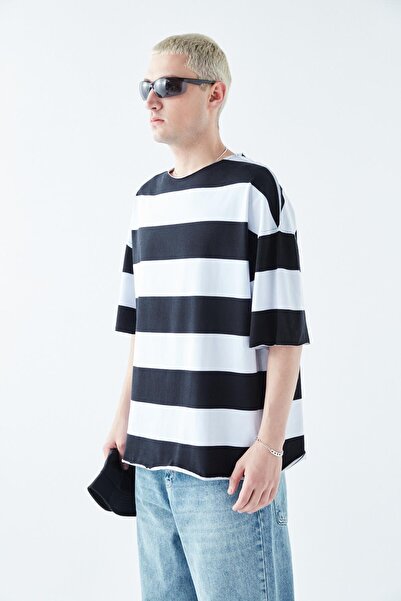 VAMOSCLO Ψηφιακό μπλουζάκι με τύπωμα ρίγες 100% βαμβάκι oversized μαύρο