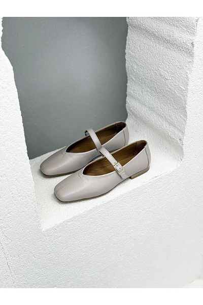 NUR KARACA 25Y1387 Buckle Detail Genuine Leather Cut Toe Ballet Shoes for Women