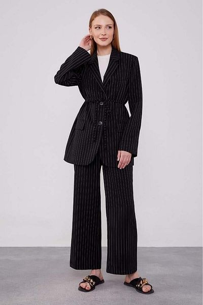 Levidor Waist Tied Striped Trousers Suit - Black