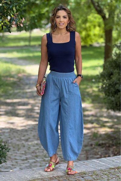 Nevin Kaya Moda Blue Carrot Cut Summer Thin Denim Trousers