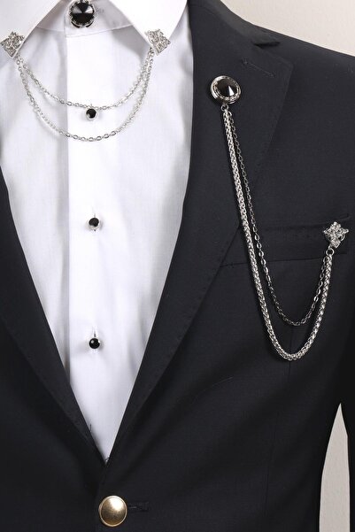 Esgue Gümüş Renk Siyah Taş Desenli Yaka Broş Seti – 3 Parça Zincirli Takım Elbise Aksesuar Seti (BRS