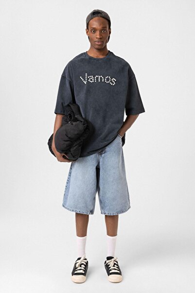 VAMOSCLO تي شيرت كبير الحجم بتفاصيل أزرار قابلة للغسل باللون الأسود