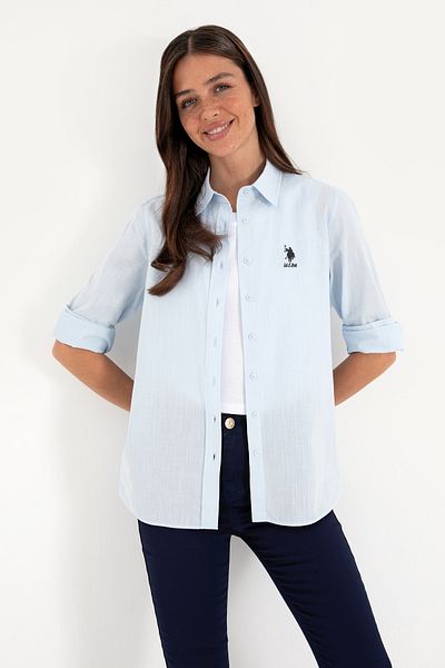U.S. Polo Assn. Cămașă de bază cu mânecă lungă albastru deschis pentru femei 50307694-VR003
