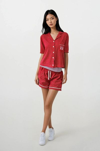 Ecrou Women's Red Pitikare Patterned Baby Collar Short Sleeve Shorts Pajama Set