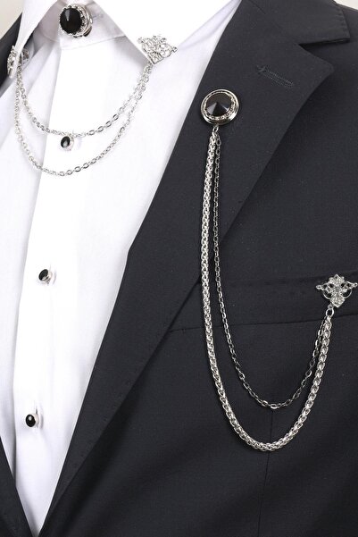 Esgue Gümüş Renk Siyah Taş Desenli Yaka Broş Seti – 3 Parça Zincirli Takım Elbise Aksesuar Seti (BRS