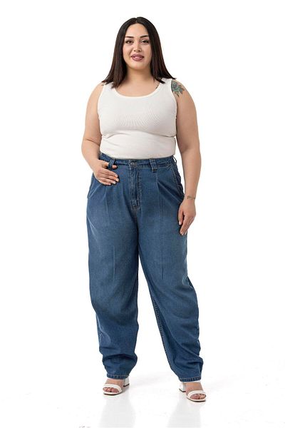 DISENTIS MODEST Plus Size Front Pleated Half Balloon Cut Waist Back Elastic Pocket Denim Blue Trousers