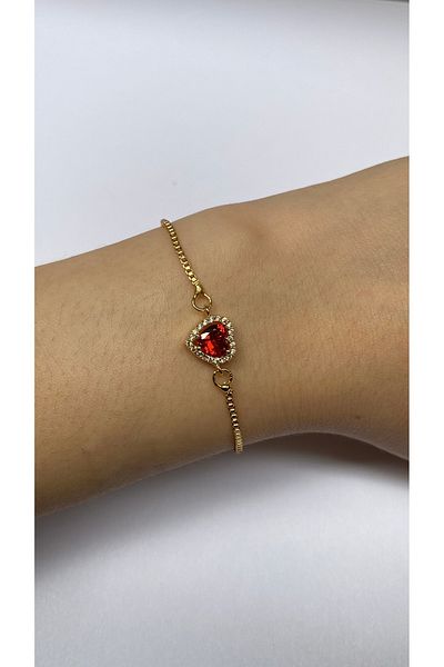 Tixy Pixy Red Zircon Stone Heart Adjustable Gold Stainless Steel Women's Bracelet