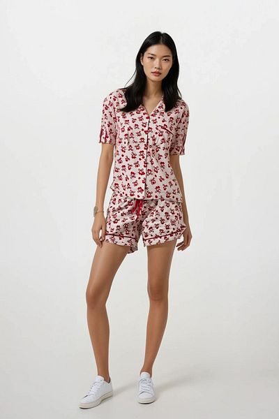 Ecrou Women's Ecru Cherry Patterned Baby Collar Short Sleeve Shorts Pajama Set