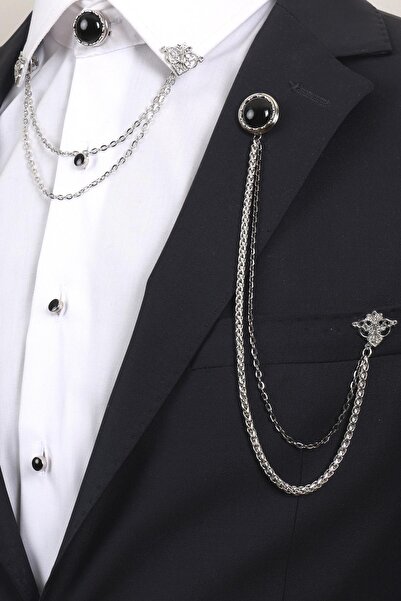Esgue Gümüş Renk Siyah Taşlı Yaka Broş Seti – 3 Parça Zincirli Aksesuar Yaka ...