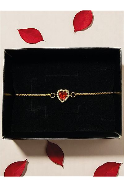 Tixy Pixy Red Zircon Stone Heart Adjustable Gold Stainless Steel Women's Bracelet