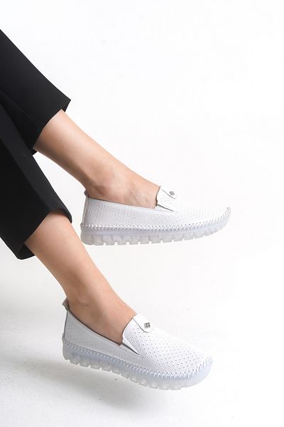 Shu Mhu Genuine Leather White Women's Daily Loafer Orthopedic Perforated Silicone Sole Comfortable Soft Women's Shoes